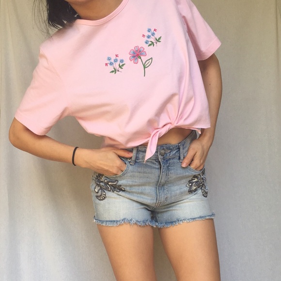 Vintage 90s Floral Embroidered Crop Top Tee L - Picture 1 of 7